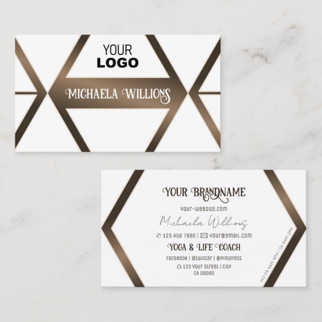 Snyggt White Geometric Brown Shimmer med Logotyp Visitkort (Fram/baksida)