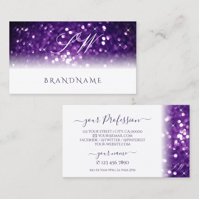 Snyggt White Lila Sparkling Glitter Monogram Visitkort (Fram/baksida)