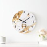Snyggt White Marble Gold Foil Monogram Namn Stor Klocka<br><div class="desc">Luxurig Elegant Vit marmor Guld Foil Monogrammed Namn Large Clock</div>