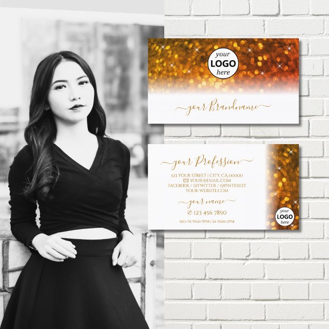 Snyggt White Orange Sparkling Glitter med Logotyp Visitkort (Skapare uppladdad)