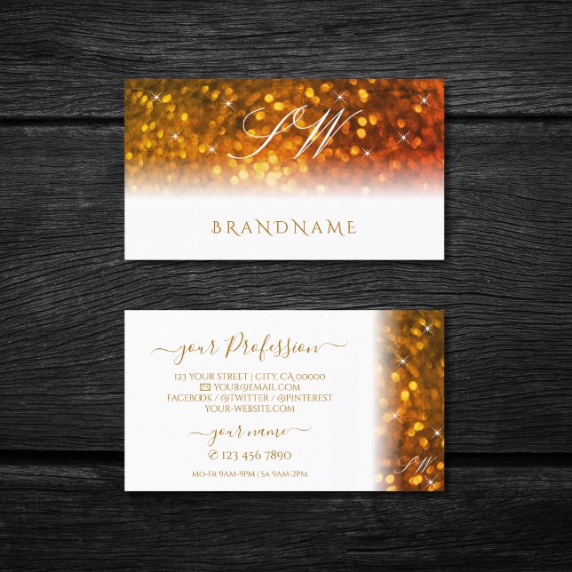 Snyggt White Orange Sparkling Glitter Monogram Visitkort (Skapare uppladdad)