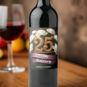 Snyggt White Peonies 25:e Bröllop-årsdagen Vinflaska Etikett