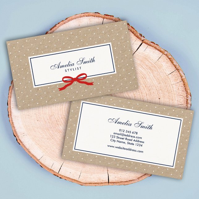 Snyggt White Polka Dot och Red Ribbon Kraft Visitkort (Skapare uppladdad)