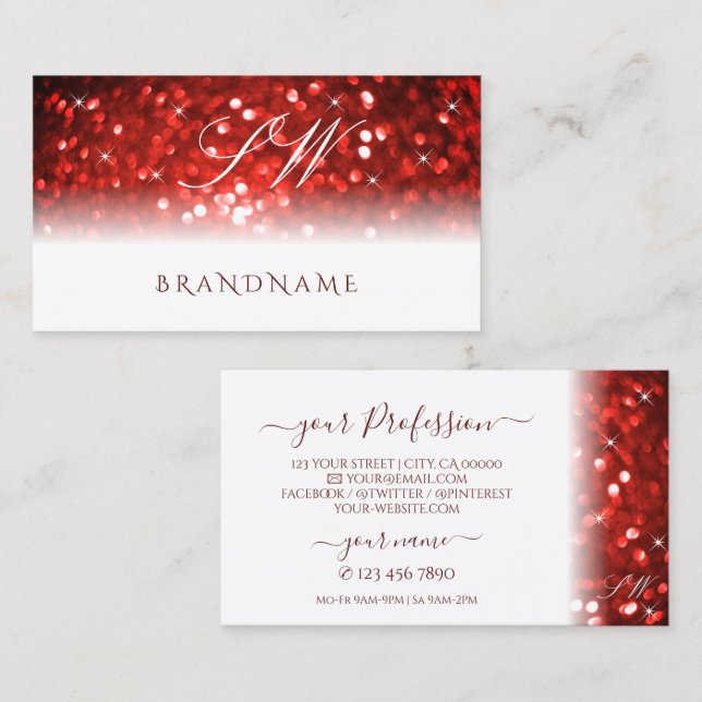 Snyggt White Red Gnistra Glitter Initialer Modern Visitkort (Fram/baksida)