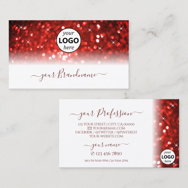 Snyggt White Red Gnistra Glitter med Logotyp Moder Visitkort (Fram/baksida)