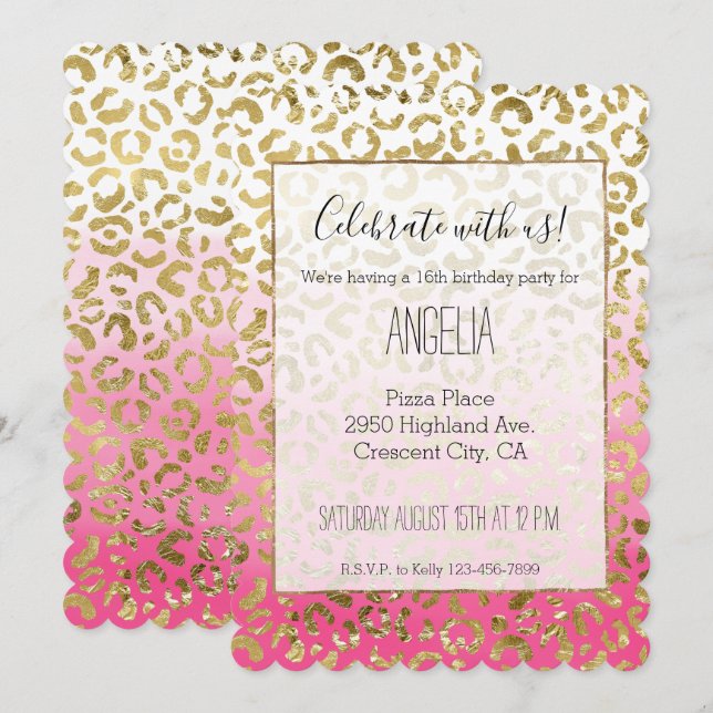 Snyggt White Rosa Guld Leopard Inbjudningar (Fram/baksida)