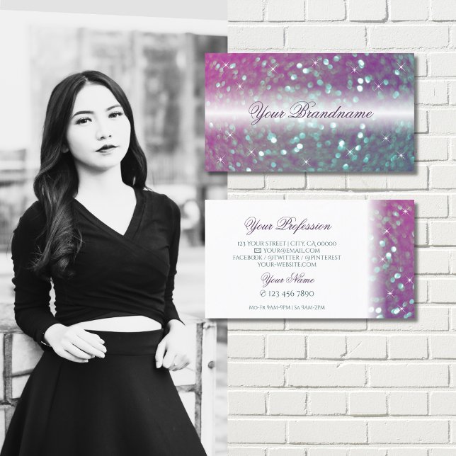 Snyggt White Rosa Teal Sparkling Glitter Modern Visitkort (Skapare uppladdad)