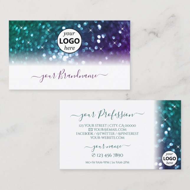 Snyggt White Teal Lila Gnistra Glitter Add Logotyp Visitkort (Fram/baksida)