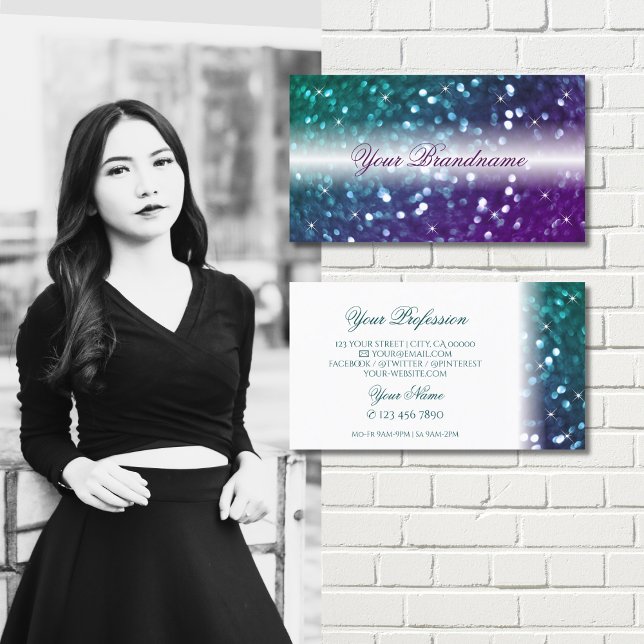 Snyggt White Teal Lila Gnistra Glitter Modern Visitkort (Skapare uppladdad)