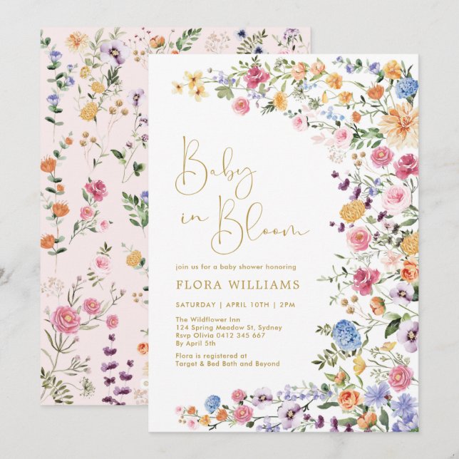 Snyggt Wildblomma Baby i Bloom Girl Shower Inbjudningar (Fram/baksida)