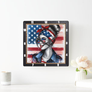 Snyggt Woman American Flagga Patriotic Fyrkantig Klocka