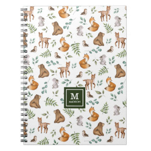 Snyggt Woodland Animals Forest Greenery Monogram Anteckningsbok