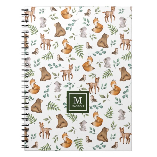 Snyggt Woodland Animals Forest Greenery Monogram Anteckningsbok (Framsidan)