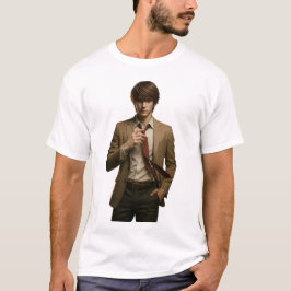 Snyggt Young Man i Brown Kostym justeringstidpunkt T Shirt