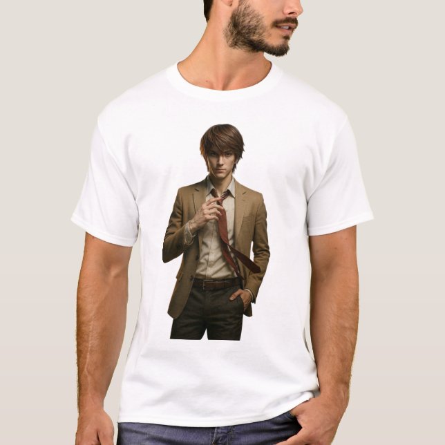 Snyggt Young Man i Brown Kostym justeringstidpunkt T Shirt (Framsida)
