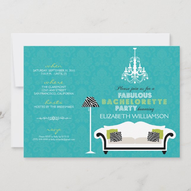 Snyggt Zebra Decor Bachelorette Inbjudan (aqua) (Framsida)