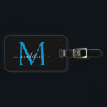 Snyggten Black Ocean Blue Monogram Script Namn Bagagebricka<br><div class="desc">Elegant Modern Snyggt Svart Bag-Märkre för Snyggt Bag-i svart,  fyrkantsformat,  Namn</div>