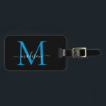 Snyggten Black Ocean Blue Monogram Script Namn Bagagebricka<br><div class="desc">Elegant Modern Snyggt Svart Bag-Märkre för Snyggt Bag-i svart,  fyrkantsformat,  Namn</div>