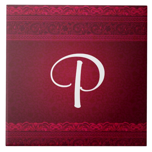 Snyggten Finare & Elegant Red Background Monogram Kakelplatta (Framsidan)