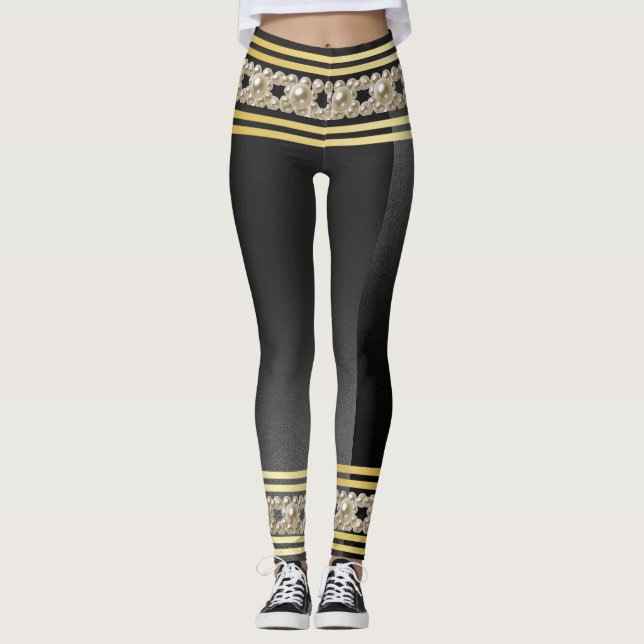Snyggten Girly Pearls Modern Guld Black Rand Leggings (Framsida)