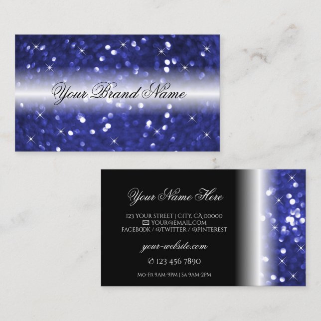 Snyggten Glamous Blue Sparkling Glitter och Stars Visitkort (Fram/baksida)