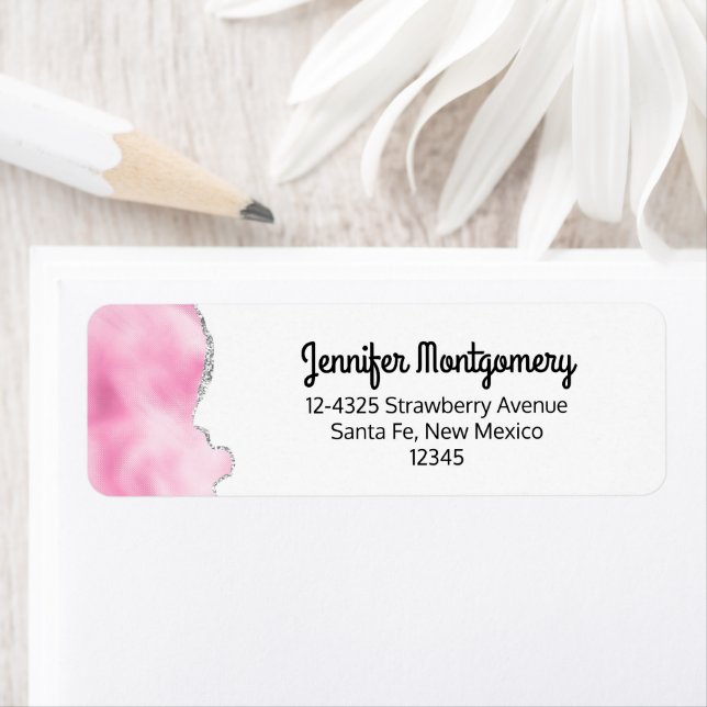 Snyggten rosa och Silver Faux Glitter Gräns Returadress Etikett (Insitu)