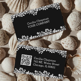 Snyggten Svart Elegant i QR-Blommigten Visitkort