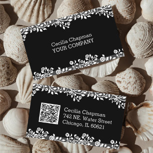 Snyggten Svart Elegant i QR-Blommigten Visitkort