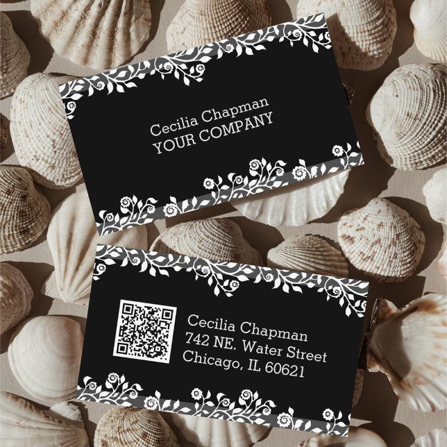 Snyggten Svart Elegant i QR-Blommigten Visitkort (Skapare uppladdad)