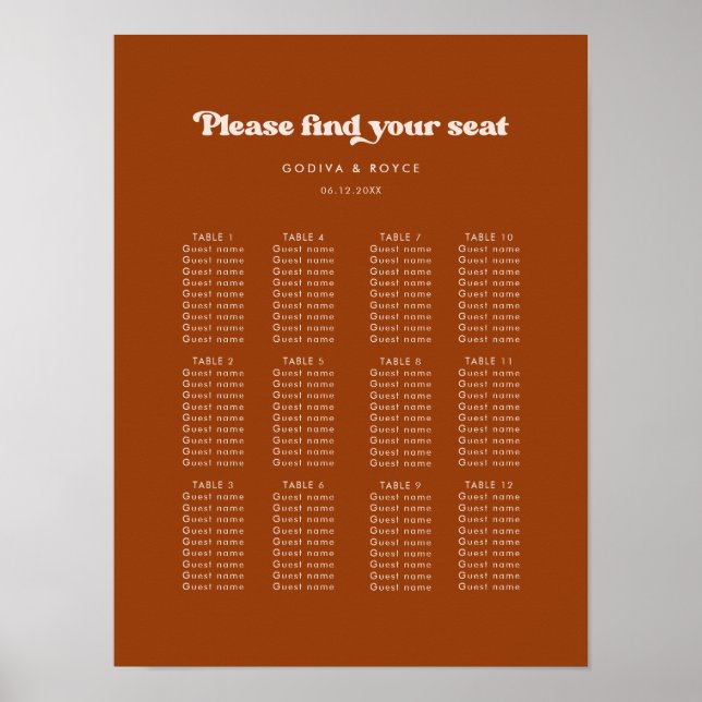 Snyggtens återbrända sittdiagram för orange bröllo poster (Framsidan)