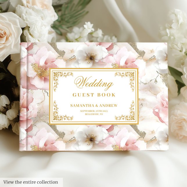 Snyggtens flygdamm rosa bröllop gäst bok i vid gul (Stylish aerial dusty pink gold wedding guest book)