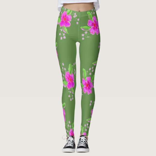 Snyggtens Grönt-lackering med Rosa Blomsterutskrif Leggings (Framsida)
