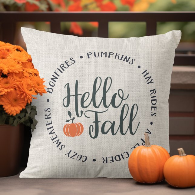 Snyggtens Hej faller under klassisk höst Kudde (Stylish Hello Fall Classic Autumn Throw Pillow.  Bonfires, Pumpkins, Hay Rides, Cozy Sweaters, Cider)