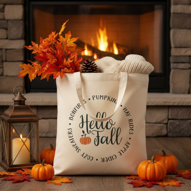Snyggtens Hej faller under klassisk höst Tygkasse (Stylish Hello Fall Classic Autumn ToteBag: Pumpkins, Hay Rides, Apple Cider, Cozy Sweaters, Bonfires)