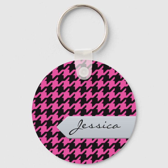 Snyggtens klassiska rosa-houndstooth med monogram nyckelring (Framsida)
