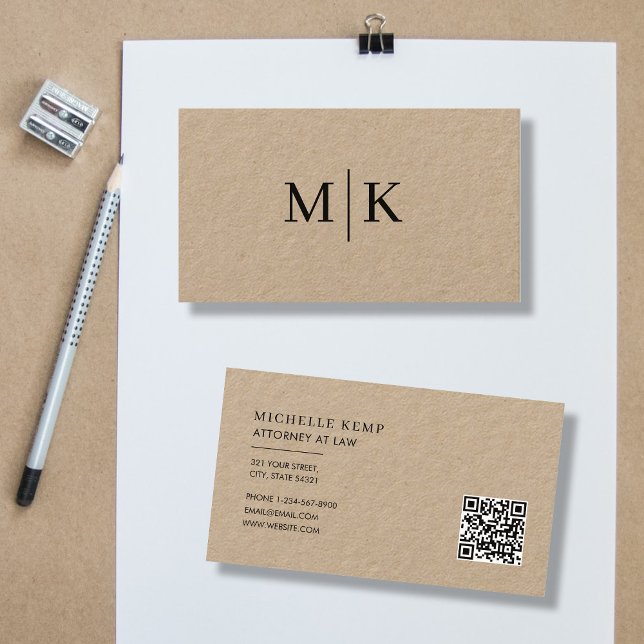 Snyggtens Professionell QR Code Monogram Kraft Visitkort (Skapare uppladdad)