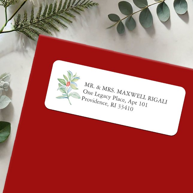 Snyggtens Returetiketter jul Returadress Etikett (Christmas return address labels watercolor red and green foliage and berries by Victoria Grigaliunas)