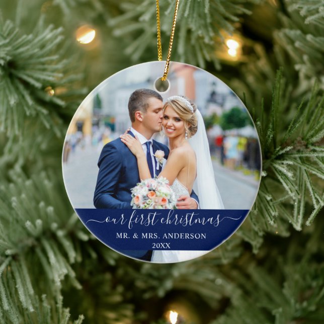 Snyggtens skript vår första julblått julgransprydnad keramik (Träd)