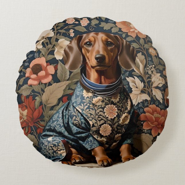 Snyval Brown Dachshund | Dachshund Porträtt Rund Kudde (Framsidan)