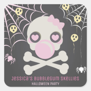 SO CUTE ROSA BUBBLEGUM SKELLIES HALLOWEEN FEST FYRKANTIGT KLISTERMÄRKE
