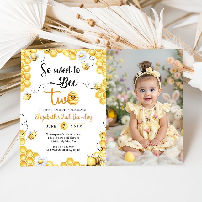So Sweet To Bee 2nd Birthday Photo Invitation Inbjudningar (Skapare uppladdad)