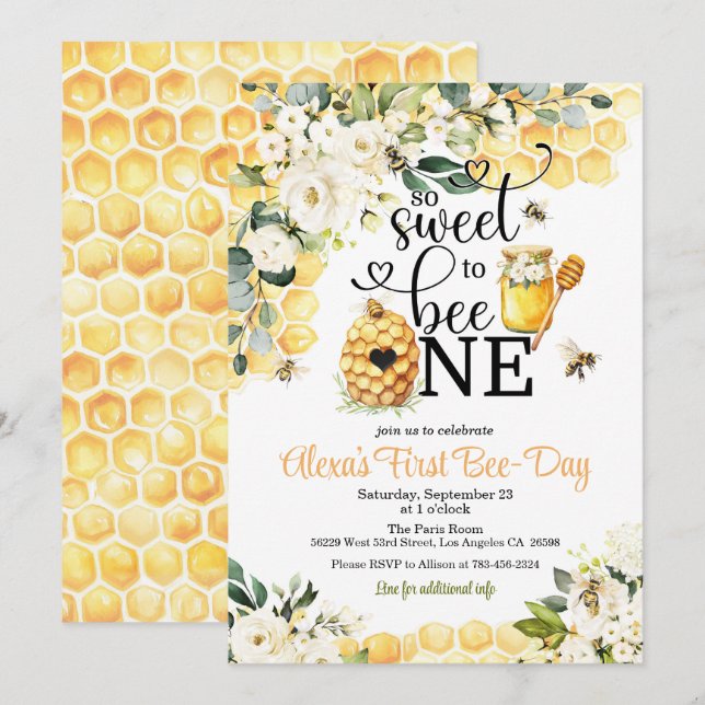 So Sweet to Bee One 1st Birthday Invitation Inbjudningar (Fram/baksida)