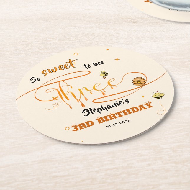 So Sweet To Bee Three Cute Honey Bee 3rd Birthday Underlägg Papper Rund (Vinklad)