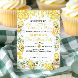 So Sweet To Bee Three Honey Bee Floral Birthday Inbjudningar