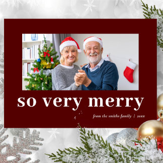 So Very Merry Red Modern Burgundy Family Photo Julkort