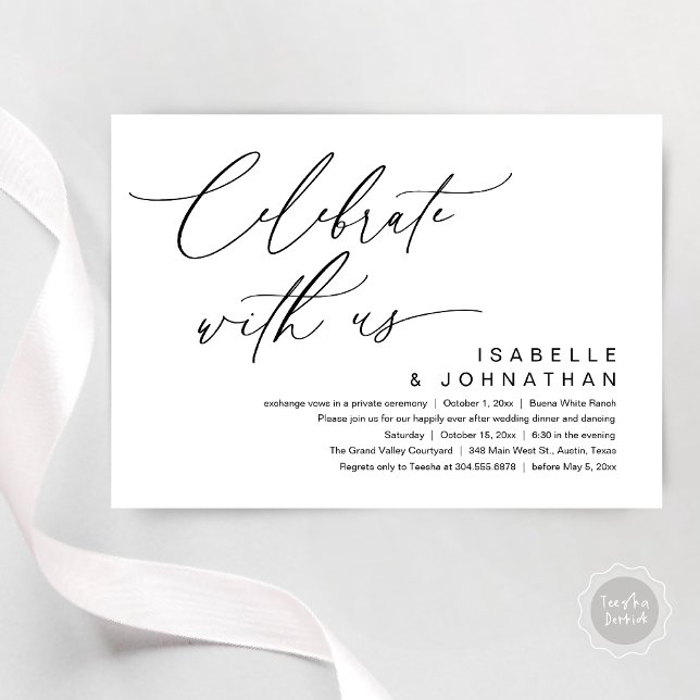 So, We Eloped, Romantic Wedding Dinner Party Inbjudningar (Romantic Wedding Dinner Party, Celebrate with us Lunch Brunch Modern Invites Card  PDF White Black)