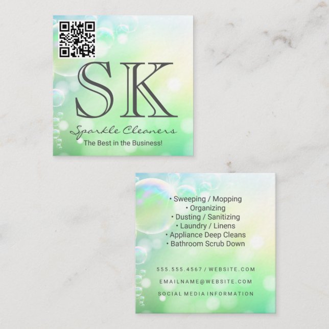 Soap Bubbles Green | QR-genomsökningsetikett Fyrkantigt Visitkort (Fram/baksida)