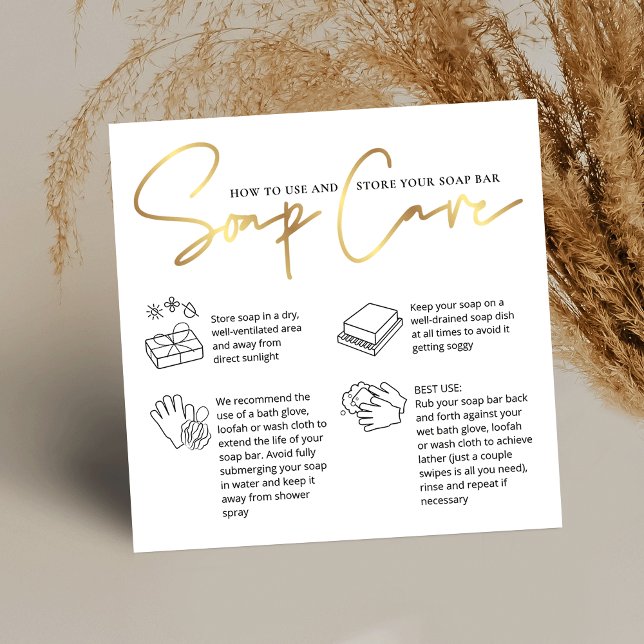 Soap Pub Care Instructions Chic White & Guld Logot Fyrkantigt Visitkort (Handmade soap bar care instructions cards with icons and faux gold effects)