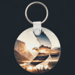 Soaring Bald Eagle Over Mountain Valley Lake Nyckelring<br><div class="desc">A bald eagle soars gracefully over a picturesque mountainous landscape at sunrise,  with a double-exposure effect,  and sun rays create a halo around the eagle,  adding a sense of majesty</div>