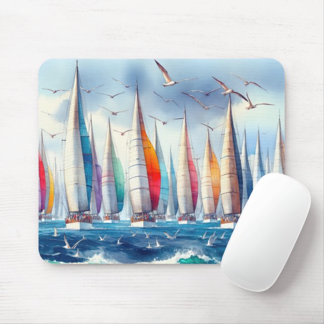 Soaring Seagulls With Sailboat Regatta Musmatta (Med mus)